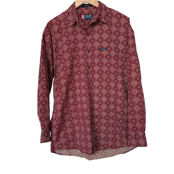 VINTAGE! Chaps x Ralph Lauren Men's Geometric Red Long Sleeve Button-Up Shirt M - Picture 2 of 7
